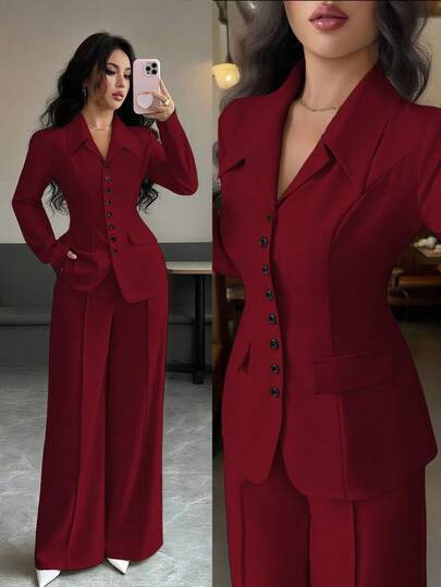 Elenzga 女式勃艮第纯色厚面料 V 领西装外套，搭配黑色撞色纽扣假口袋，教师/办公室正式优雅装扮，适合感恩节、万圣节、圣诞节、旅行、街头风格、正式场合、会议、高端精致秋季 2 件套，长袖短款上衣和阔腿裤