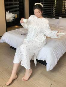 Dazy Plus Camisón recto de manga larga y cuello redondo con ajuste holgado y estampado de lunares, ropa de dormir casual para mujer de talla grande, cómoda, para otoño e invierno, Camisón tipo "Moo Moo" - Albaricoque - Ver 5
