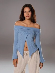 SHEIN TRNDY 1 Áo len dệt kim tay loe hở vai nhún bèo độc đáo dành cho nữ, màu xanh, thường ngày, thu/đông - Màu xanh nhạt - Xem 3