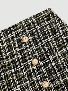 Sweetra 大码优雅粗花呢 A 字开衩裙 - 黑與白 - 查看 6