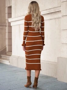 Solivie Winter Clothes For Women  Women's Elegant Knitted Long Sweater Dress, French Casual Colorblock Striped, Versatile Autumn New Arrival  Brown Dress  Brown Dress Women Rust Brown Dress Sweater Dresses Brown Bodycon Dress Autumn Dress Autumn And Winter Long-Sleeved Striped Long Sweater Dress  Thanksgiving Outfit For Women  Autumn  Clothes For Women  Women's Winter Sweater - Coffee Brown - View 2