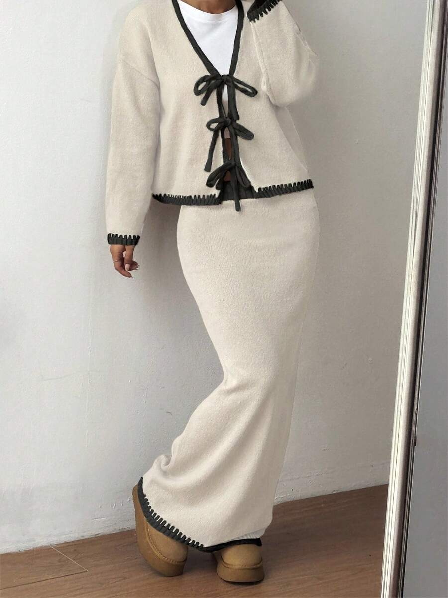 Flirla 2件套渐变蝴蝶结肩带休闲基础针织套装，秋冬款 - 彩色 - 查看 1