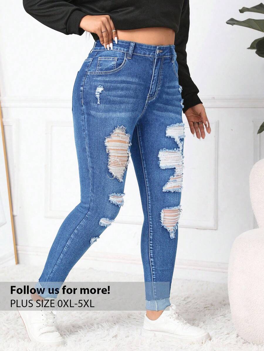 Firerie Plus Size Women High Waist Pockets Distressed Skinny Casual Versatile Jeans - Medium Wash - View 1