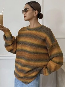 Livesso Women's Loose Fit Ombre Striped Sweater, Autumn - Yellow - View 3