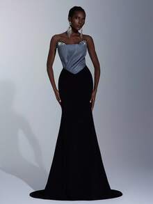 Elitara 优雅奢华千元款缎面拼布针织缎面露肩拉链开衩连衣裙，双领设计，珠饰紧身胸衣，收腰鱼骨结构，蒲公英褶皱臀部，美人鱼下摆，适合晚会、商务活动、私人茶会、生日、节日、婚礼和其他正式场合 - 彩色 - 查看 3