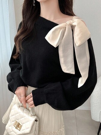 FRIFUL Women's Contrast Color Asymmetrical Shoulder Loose Casual Bowknot Sweater, Versatile For Autumn