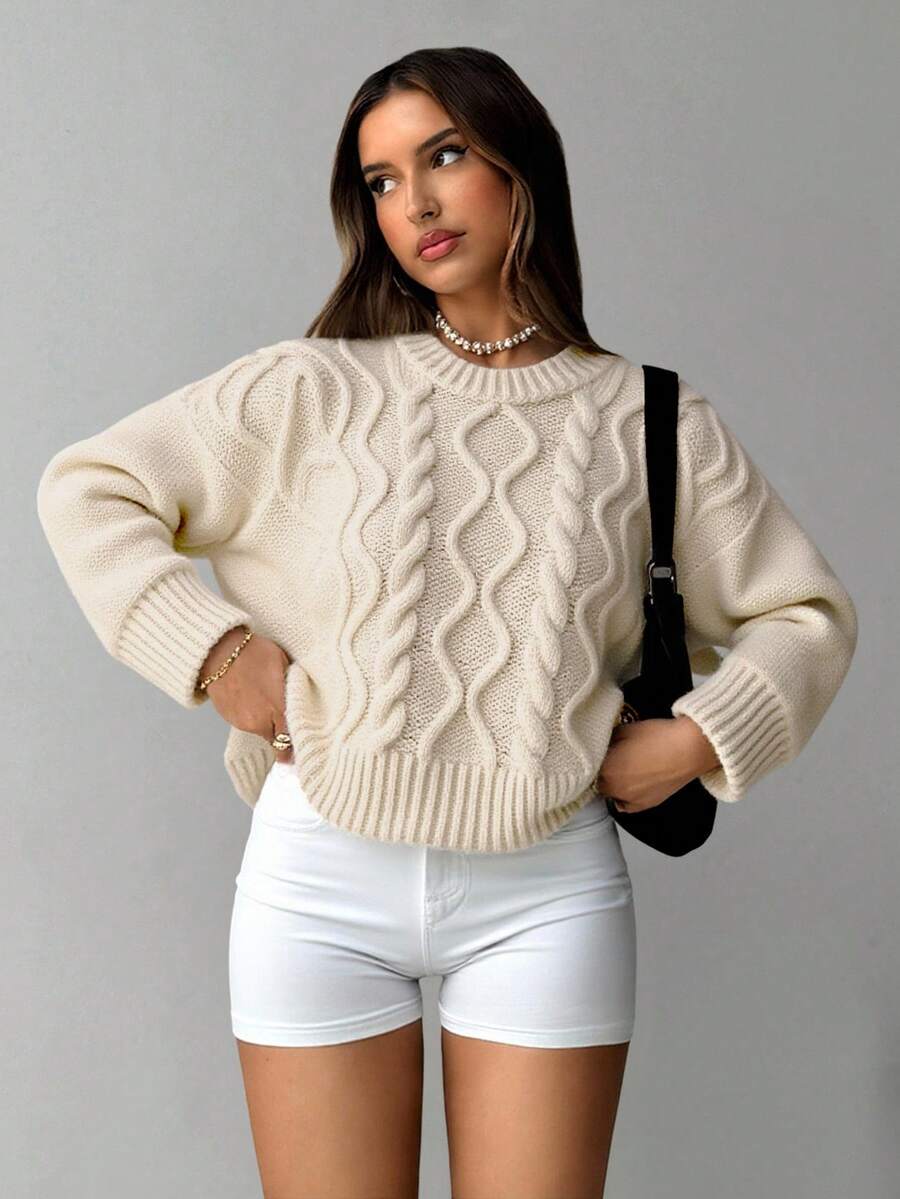 CasuGlow 女士秋冬麻花针织毛衣 - 白色 - 查看 1