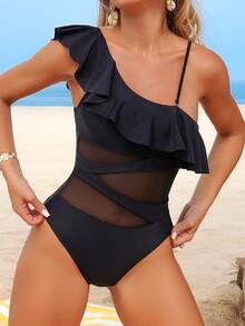 Swim Lushoire Badeanzug mit Rüschenbesatz, Kontrast Netzstoff