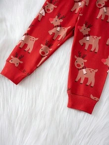Cozy Pixies 4 件套女婴圣诞驯鹿和树图案针织柔软圆领长袖上衣和松紧腰紧身裤舒适睡衣套装 - 紅色 - 查看 6