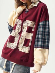 Bohemela Áo sweatshirt dáng rộng, phối màu tương phản, vai rớt, kiểu dáng thường ngày, có họa tiết chữ, thích hợp cho nữ, mùa thu đông, màu đỏ. - Màu Đỏ Sâu - Xem 5