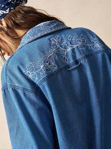Bohemela Women's Casual Solid Color Woven Denim Loose Long Sleeve Shirt - Blue - View 8