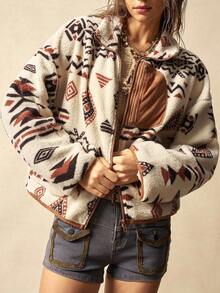 Bohemela 女式休闲宽松几何图案长袖仿皮草内衬常规夹克，秋冬 - 杏色 - 查看 2