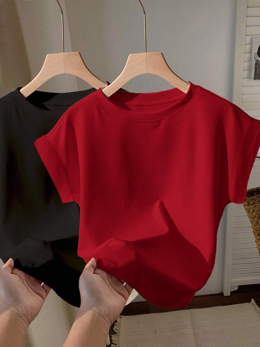 SHEIN EZwear 2pcs Black & Red Round Neck Short Sleeve T-Shirt, Suitable For Summer,Red Top