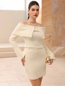 Modelyn Women's Winter Off Shoulder Flare Sleeve Elegant Fashion 2 Pieces Sweater Set - Apricot - View 4