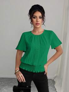 Selianne PETITE 纹理荷叶边装饰弹性腰部女式休闲衬衫，简约优雅，适合节日穿着/非洲女式连衣裙/绷带/7 月 4 日/商务休闲/秋季、万圣节、返校节、返校/端庄 - 綠色 - 查看 4