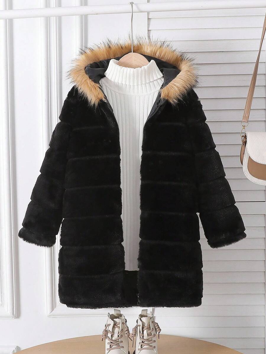Genkimix Kids Girls' Elegant Black Fluffy Long Sleeve Hooded Warm Windbreaker Jacket, Suitable For Pairing With Turtleneck Sweaters In Autumn/Winter Fall