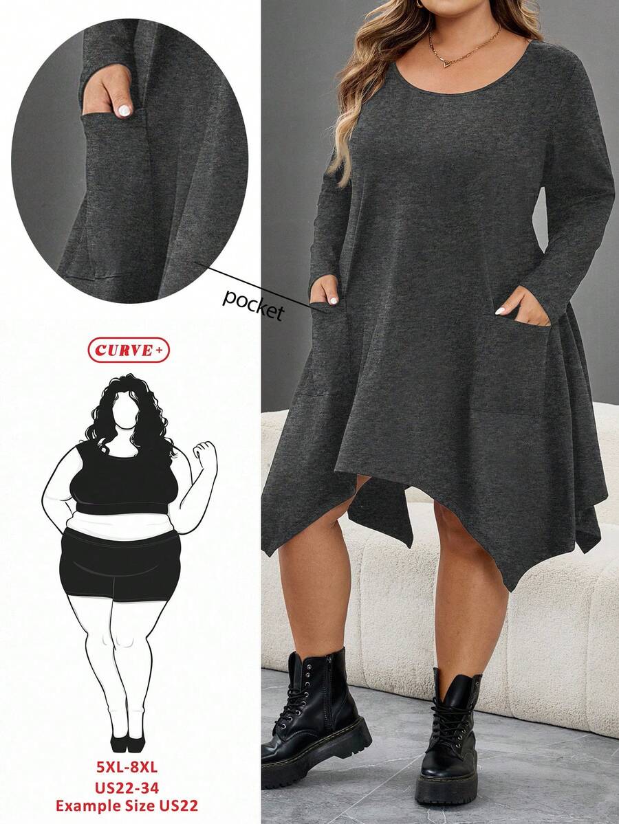 SHEIN CURVE+ فستان عصري بحافة غير متماثلة بمقاس كبير، قوطي/قوطي/هالوين - رمادي غامق - مشاهدة 1