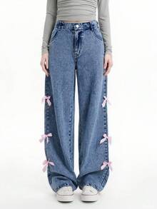 Teen Girls Y2K Style Jeans, Mid-Blue Denim Color, 3D Pink Ribbon Bow, Straight Loose Fit, Comfortable Soft Fabric, Suitable For Daily Wear And Commuting - Medium Wash - View 7