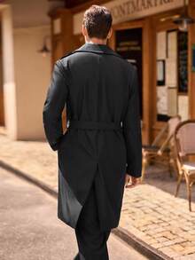 HIMLAND Abrigo casual de trench de doble botonadura y longitud media de unicolor para hombre, otoño - Negro - Ver 2