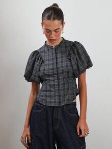COUREZ Puff Sleeve Check Top /Y2K  Women Clothes  Clothes Cute Tops Going Out Outfits Cute Sexy Steetwear Elegant - Grey - View 3