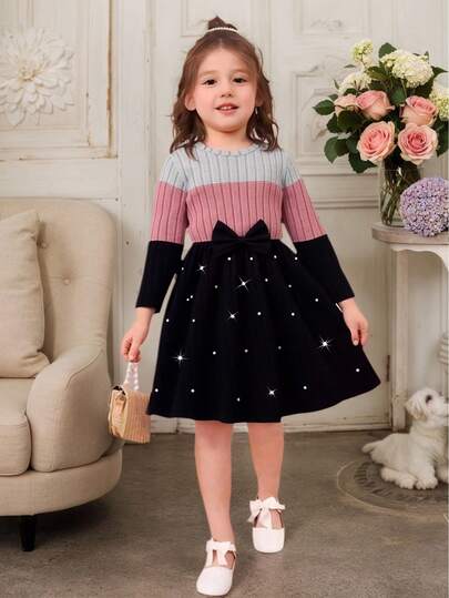 年轻女孩三色蝴蝶结装饰珍珠缀饰长袖休闲连衣裙，适合日常穿着，春秋季