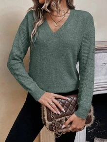 EMERY ROSE Women's Casual Solid Color Drop Shoulder Sweater - Green - View 5