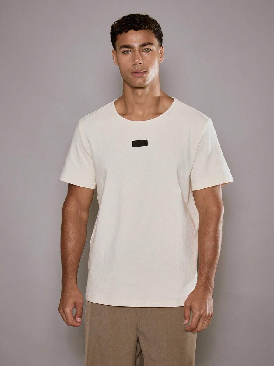 Musero Men Short Sleeve Fitted Style T-Shirt Central Chest Patch Summer SPRING - Apricot - View 1