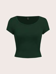 SHEIN EZwear 休闲简约深绿色圆领插肩袖修身女式 T 恤 - 墨綠色 - 查看 2