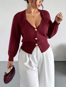 Firerie Plus Size Solid Color Front Button Long Sleeve Casual Knit Cardigan In Fall/Winter Wine Red Top - Red - View 6