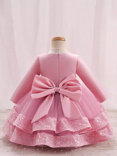 Glamorique Kids 女婴长袖圆领亮片薄纱正式派对礼服，适合婚礼和特殊场合