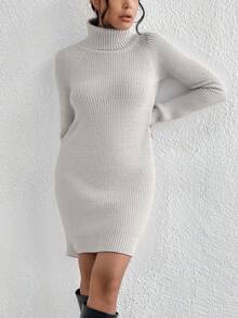EURMUSE Women High Neck Raglan Sleeve Solid Color Casual Sweater Dress, Autumn/Winter - Light Grey - View 4
