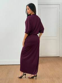 SHEIN PETITE 女式纯色重叠 V 领蝙蝠袖褶皱优雅连衣裙 - 酒紅色 - 查看 2
