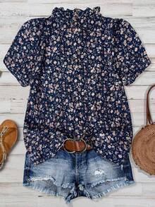 SHEIN CURVE+ 大码女式碎花荷叶边V领短袖休闲衬衫 碎花上衣 夏季休闲上衣 - 藏蓝色 - 查看 2