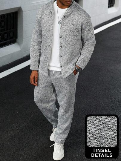 Manfinity Homme 1 套前扣连帽运动衫和口袋运动裤，纯色针织套装 2 件套保暖运动服套装，秋季服装