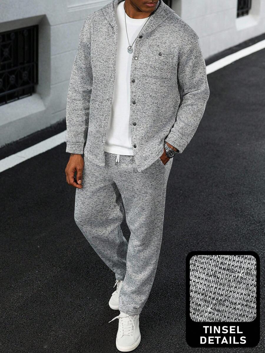 Manfinity Homme 1 套前扣连帽运动衫和口袋运动裤，纯色针织套装 2 件套保暖运动服套装，秋季服装