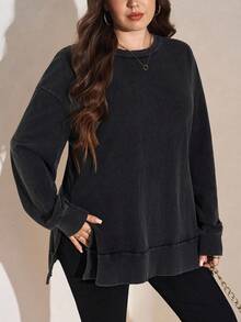 Comfylo 加大码纯色圆领休闲百搭长袖运动衫感恩节服装女式新年女装冬季连衣裙冬装女式狂欢服装女式冬装上衣连帽衫