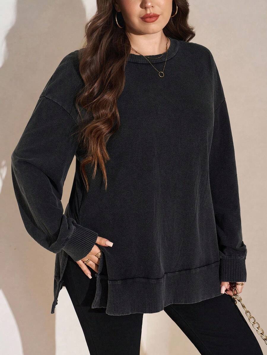 Comfylo 加大码纯色圆领休闲百搭长袖运动衫感恩节服装女式新年女装冬季连衣裙冬装女式狂欢服装女式冬装上衣连帽衫