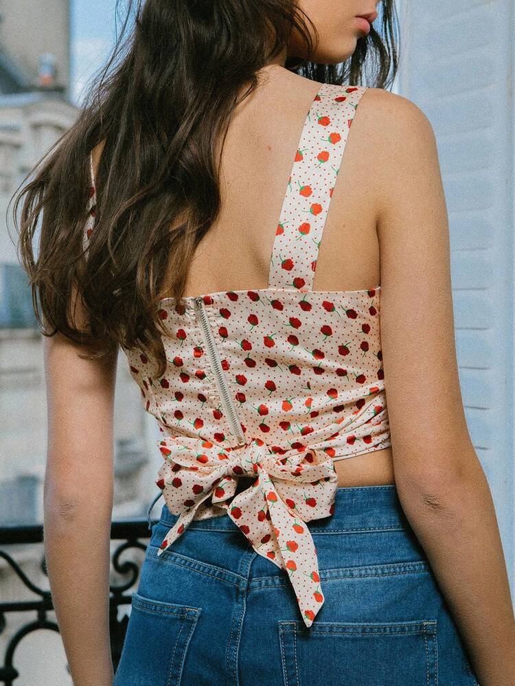 Square Neck Satin Vintage Floral Print Bustier Top With Tie Front And Zip Back Vacay