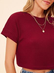 Coeurva 春季纯色休闲百搭圆领短袖 T 恤 - 酒紅色 - 查看 5