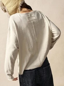 Bohemela T-shirt ample en tricot à col ras-du-cou, manches longues, couleur unie, style bohème décontracté pour l'automne, pour femmes