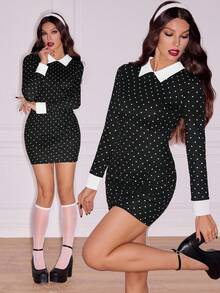 SHEIN Tall Đầm ngắn tay dài họa tiết chấm bi cổ màu tương phản thời trang dành cho nữ - màu đen - Xem 1