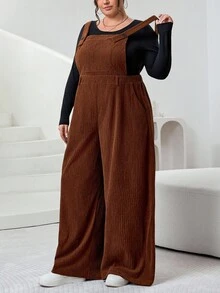 SHEIN CURVE+ Plus Size Women Brown Ribbed Fabric Jumpsuit, Autumn/Winter