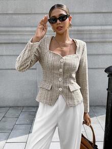 Chiquease Women's Square Collar Long Sleeve Fitted Blazer Jacket, Versatile Casual Top