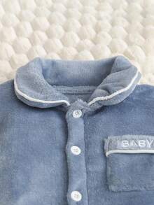 SHEIN 2 件套幼儿男童休闲纯色法兰绒长袖上衣和裤子睡衣套装，舒适家居服 - 霧霾藍 - 查看 6