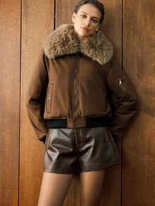 Arave 女式蓬松毛绒大衣领，可拆卸翻领设计，斜口袋，撞色袖口和螺纹袖口。女士秋装夹棉夹克，冬季服装，拉链女士冬季夹克，棕色夹克，女士外套，女士夹克，女士大衣