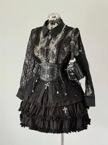 Sunspun Plus Size Lace Ruffle Trim Long Sleeve Blouse - Black - View 4