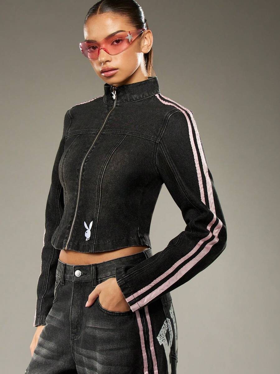 Missguided x Playboy Retro Y2K Moto Style Crop Denim Jacket Racing Stripe Varsity Zip Front Jacket Edgy Design Side Stripe Distressed Biker Streetwear