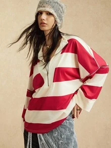 Easelle Vintage Western Cowgirl Damen Sweatshirts Rot gestreifter bequemer Sweatshirt mit Reißverschluss Stehkragen Herbst Winter Damen Sweatshirt - Verschiedenfarbig - Übersicht 7