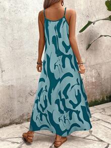 SHEIN Tall Váy suông dáng chữ A in hoa dành cho nữ, phù hợp mặc đi nghỉ và mặc hàng ngày - Màu xanh ngọc - Xem 2