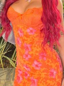 Bearsaez 蕾丝杯细节热带花卉网眼紧身迷你连衣裙 - 橘色 - 查看 4